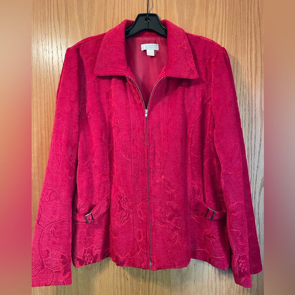 Christopher & Banks Gorgeous holiday Christmas zipper red party jacket Large EUC